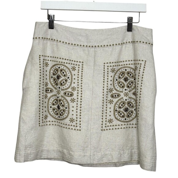 Floreat Skirt 8 White Gold Shimmer Embroidered Beaded A-Line Boho Linen Blend - Picture 1 of 8